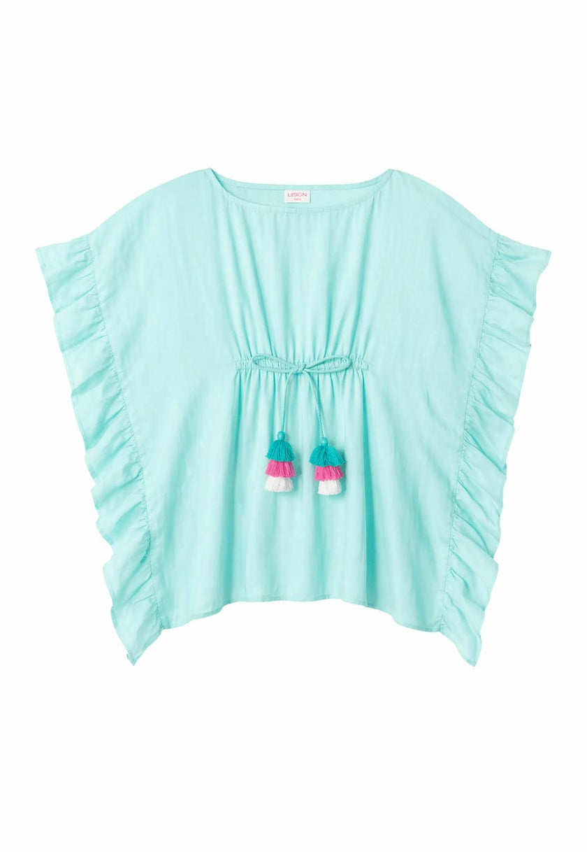 Girl's kaftan with pompoms, aqua | LEA