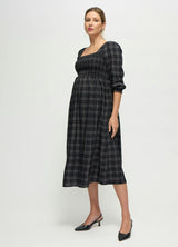 Plaid Smocked Ruffle Sleeve Maternity Midi Dress