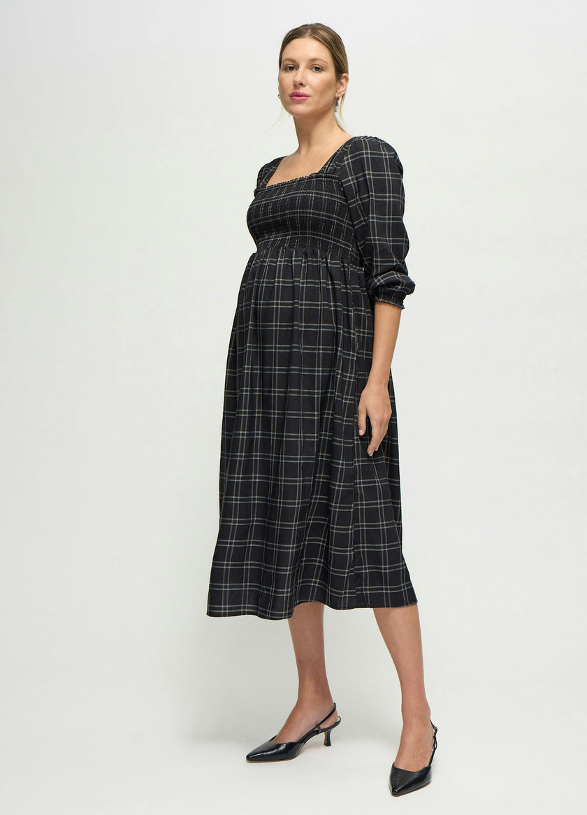 Plaid Smocked Ruffle Sleeve Maternity Midi Dress