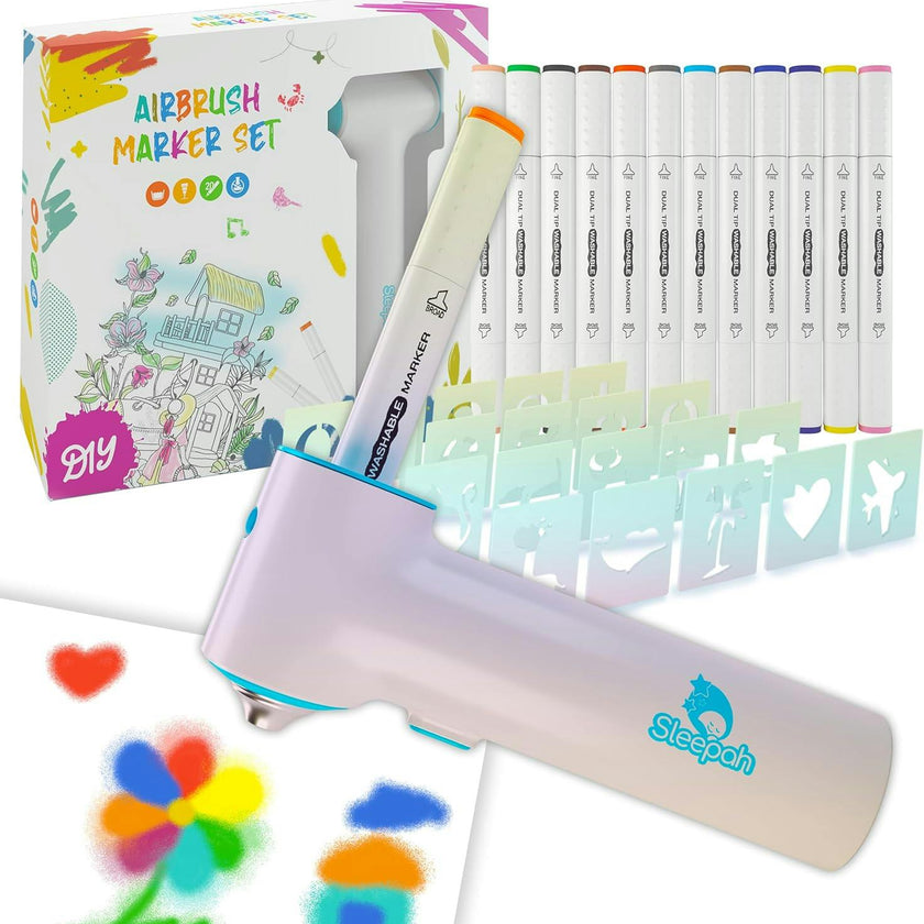 Air Brush Marker Set for Kids Includes 12 Washable Markers 20 Stencils Gift for Ages 5 6 7 8 9 Years Old - Great Arts & Crafts Set