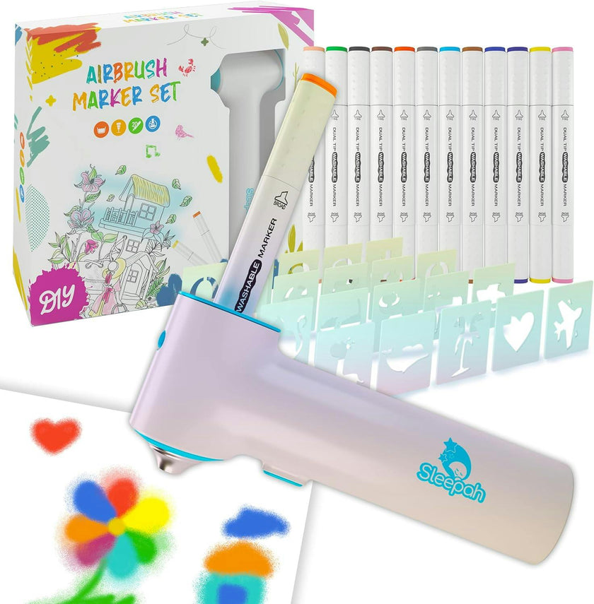 Air Brush Marker Set for Kids Includes 12 Washable Markers 20 Stencils Gift for Ages 5 6 7 8 9 Years Old - Great Arts & Crafts Set