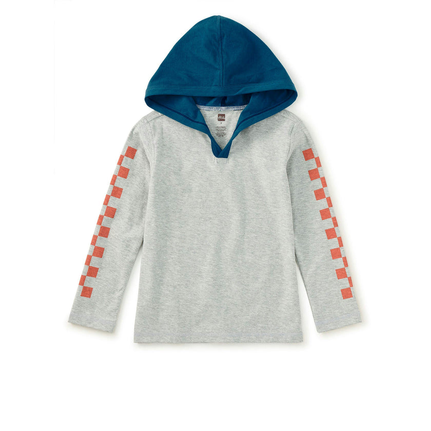 Checker Sleeves Happy Hoodie, Med Heather Grey