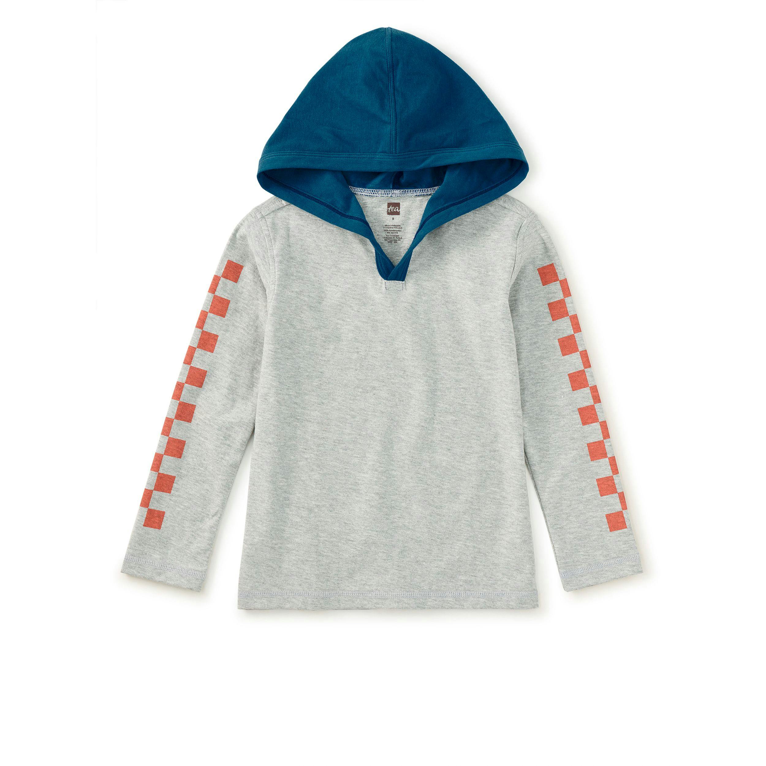 Checker Sleeves Happy Hoodie, Med Heather Grey