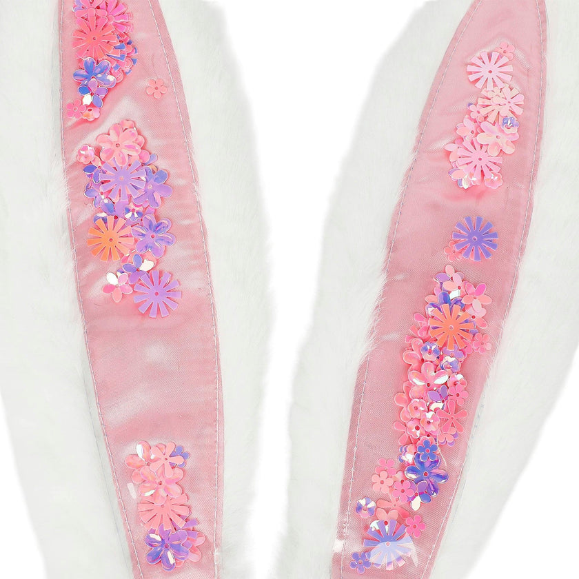Packed Party Too Cute to Hop Plush Bunny Ears Headband - Trapped Pastel Confetti Interior with Fuzzy White Trim for Easter Parties and Spring Celebrations