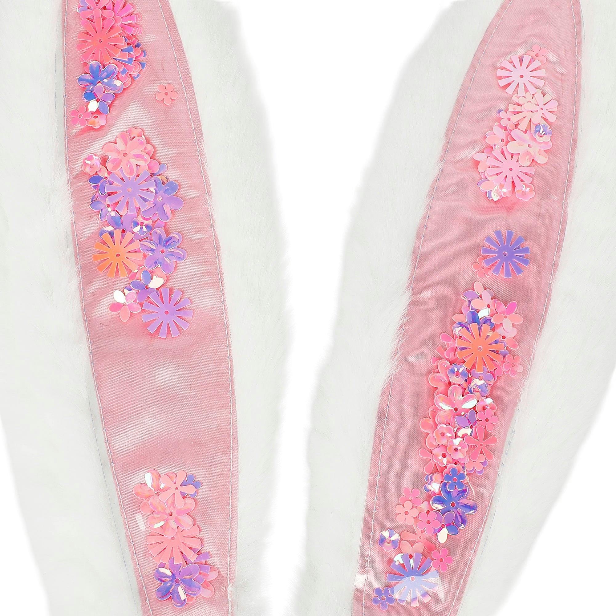 Packed Party Too Cute to Hop Plush Bunny Ears Headband - Trapped Pastel Confetti Interior with Fuzzy White Trim for Easter Parties and Spring Celebrations