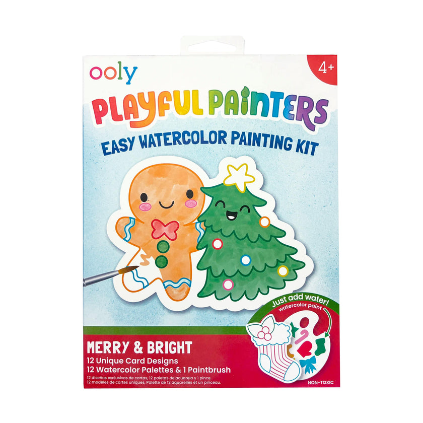 Playful Painters Easy Watercolor Painting Kit - Merry & Bright - 12 Cards 12 Palettes 1 Paintbrush