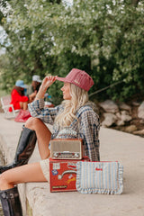 BABY BLUE DENIM STRIPED COSMETIC BAG WITH STAR CHARM