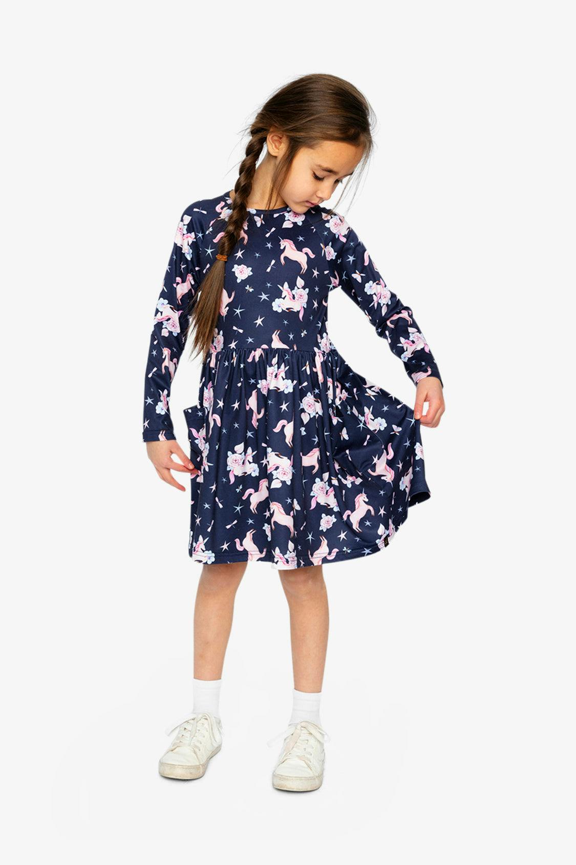 Long Sleeve Dress Navy Unicorn Print