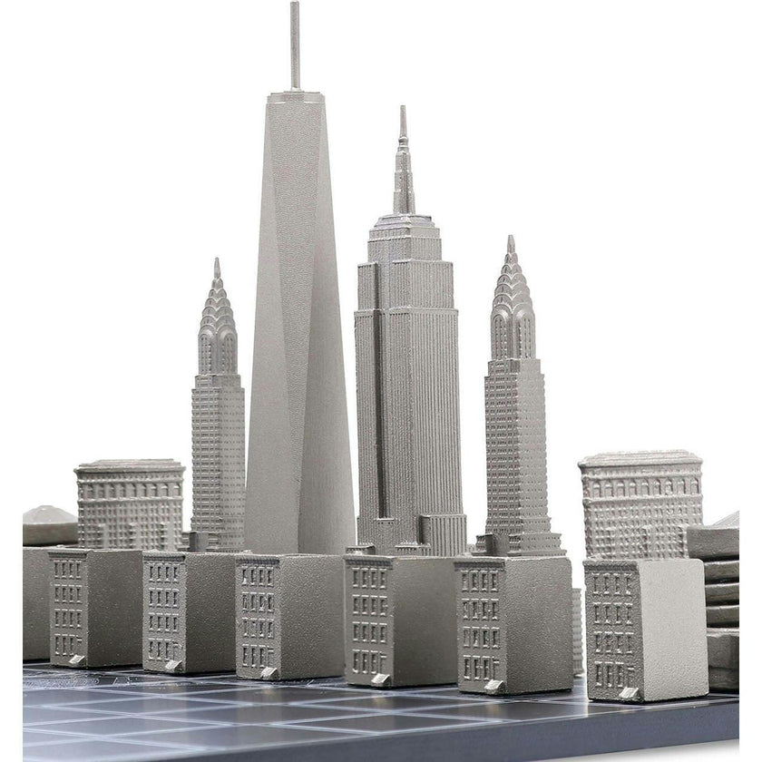 Chess Set Stainless Steel NEW YORK with Wood Map Board