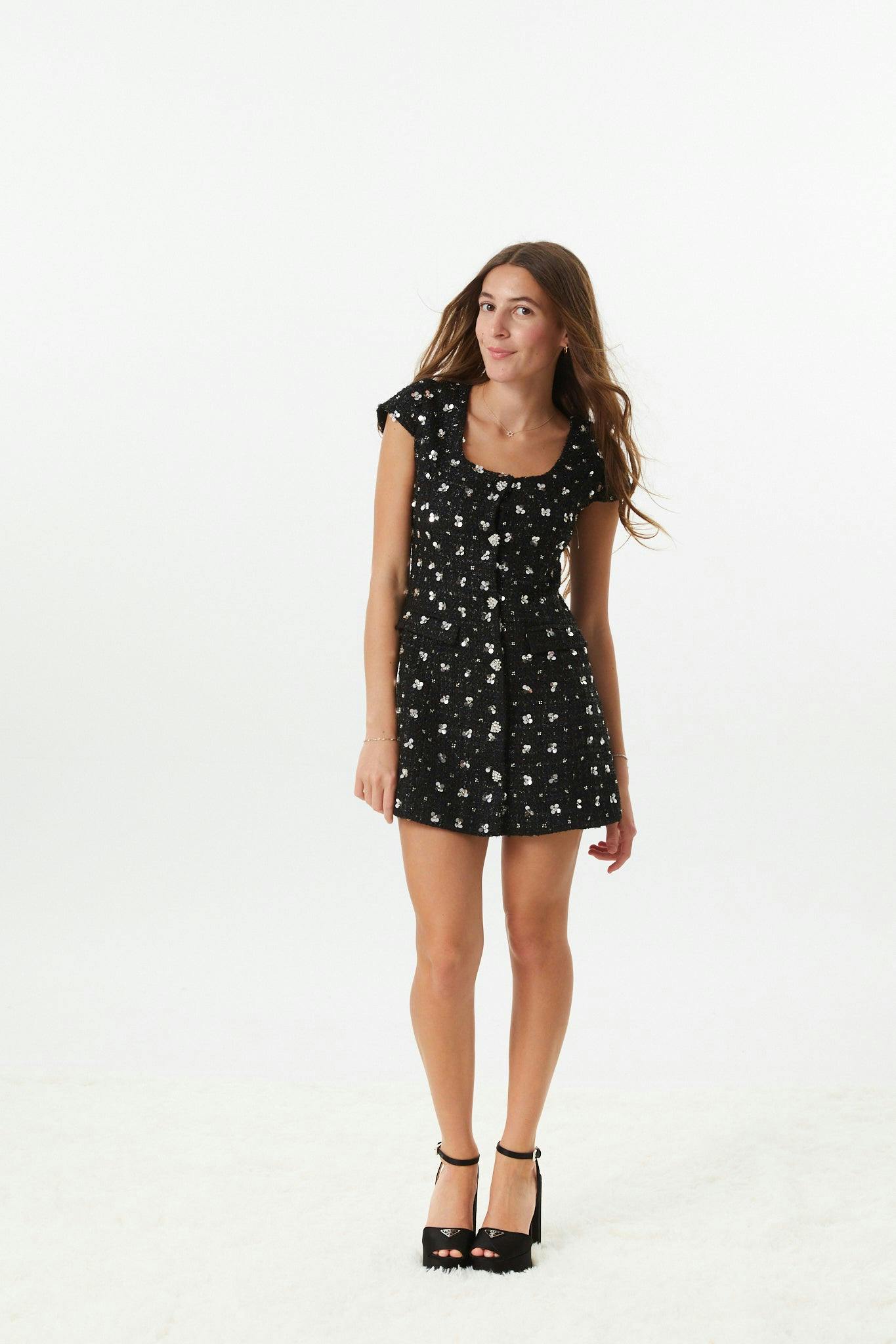 Zoe Black Dress With Silver Flowers Sequin Boucle Cap Sleeve