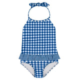 girls navy picnic gingham ruffle halter one piece