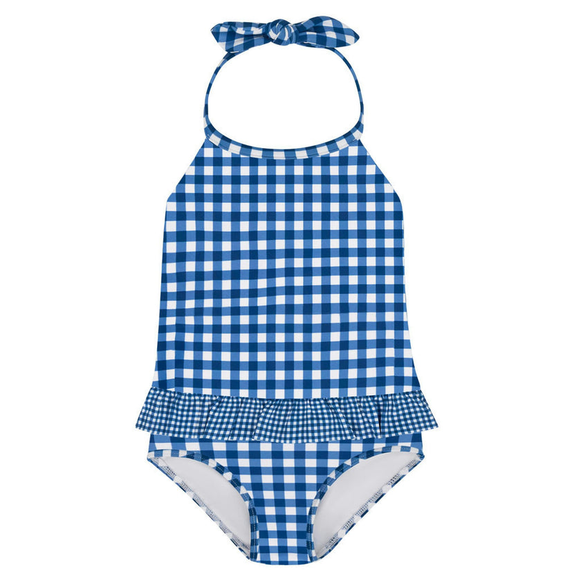 girls navy picnic gingham ruffle halter one piece