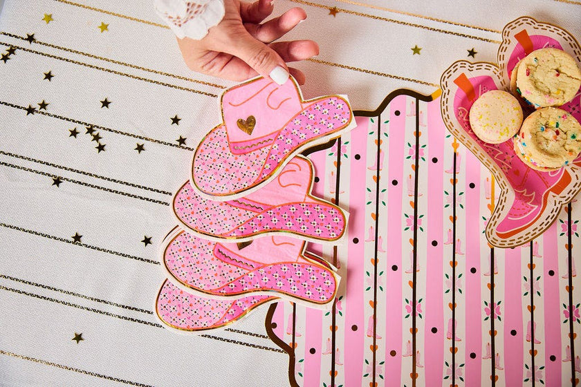 Packed Party Hey Cowgirl Die-Cut Cowboy Hat Dessert Napkins 20ct - Gold Foil Pink Hat-Shaped 3-Ply Napkins for Western Parties