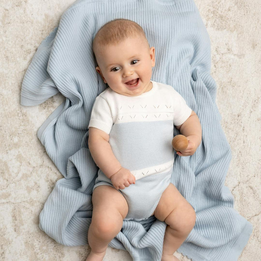 Boys Pointelle Contrast Knit Romper Powder Blue