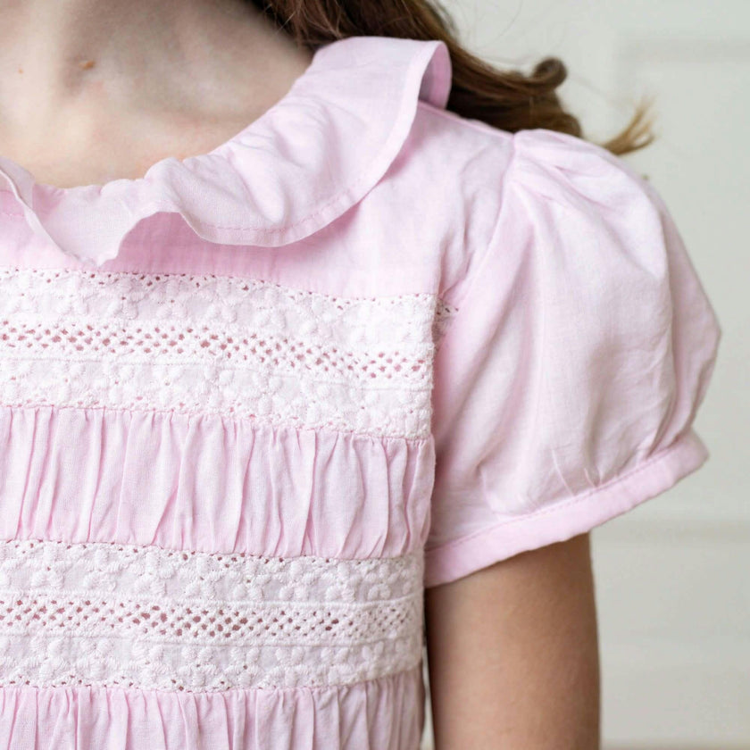 Organic Puff Sleeve Smocked Party Dress with Ruffle Collar, Pink