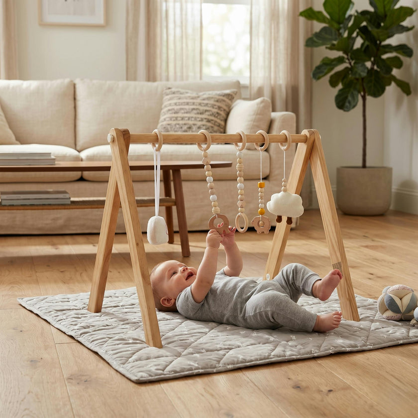 Lilac Wooden Baby Play Gym | Montessori Infant Activity Gym with Hanging Toys