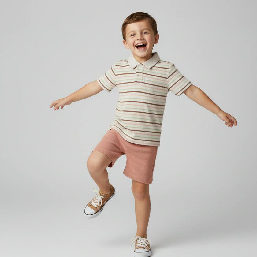 Organic Collar Tee & Shorts Set - Terra Stripes