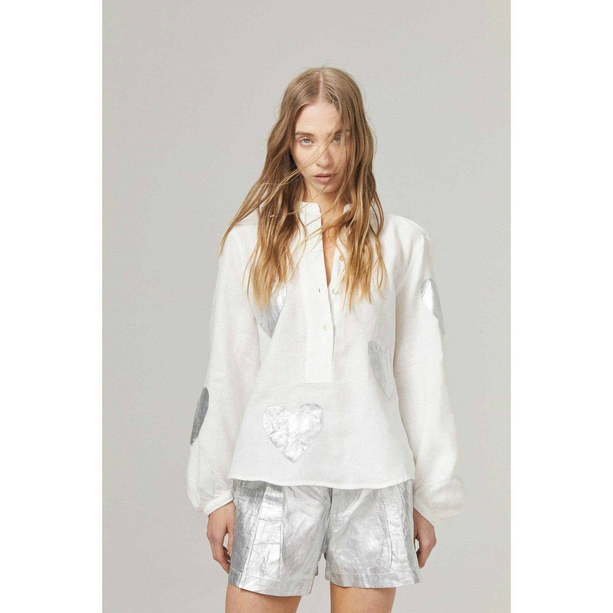 Cupid Linen Shirt - Off-white with Silver Hearts