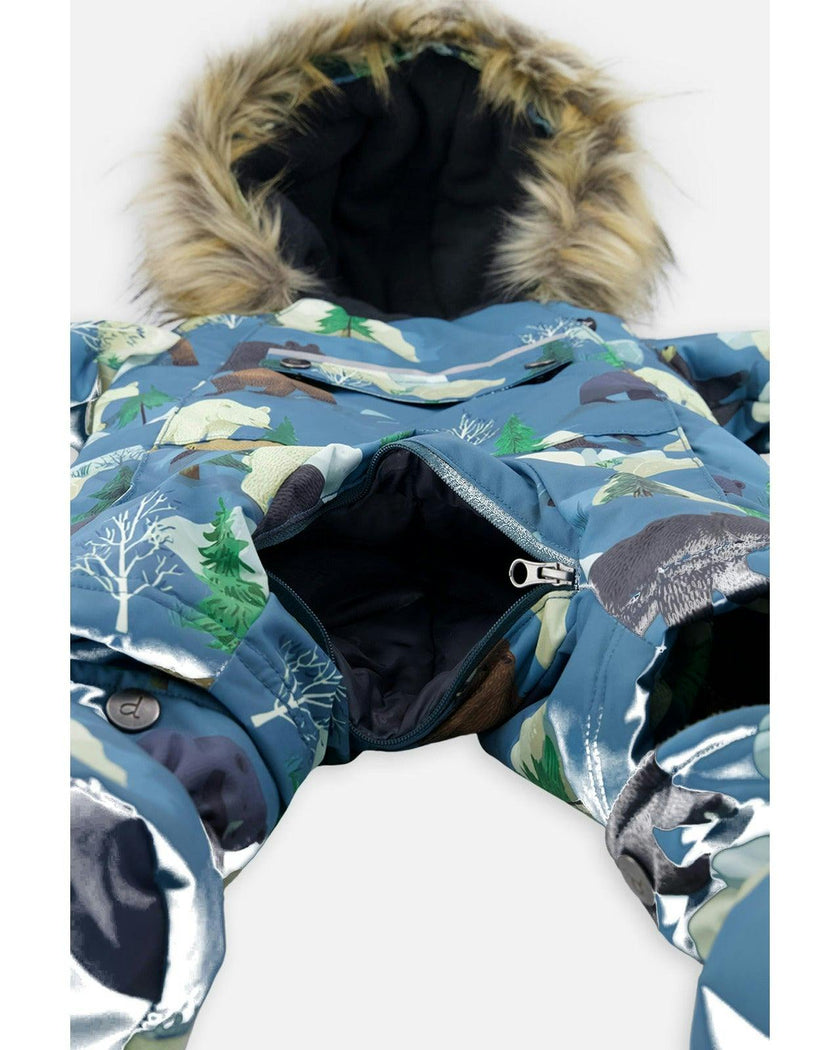 Baby One Piece Snowsuit Adapted For Car Seats Blue Bear Print