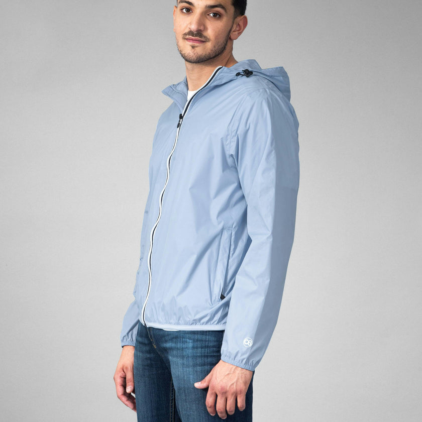 Powder blue full zip packable rain jacket and windbreaker