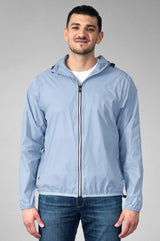 Powder blue full zip packable rain jacket and windbreaker
