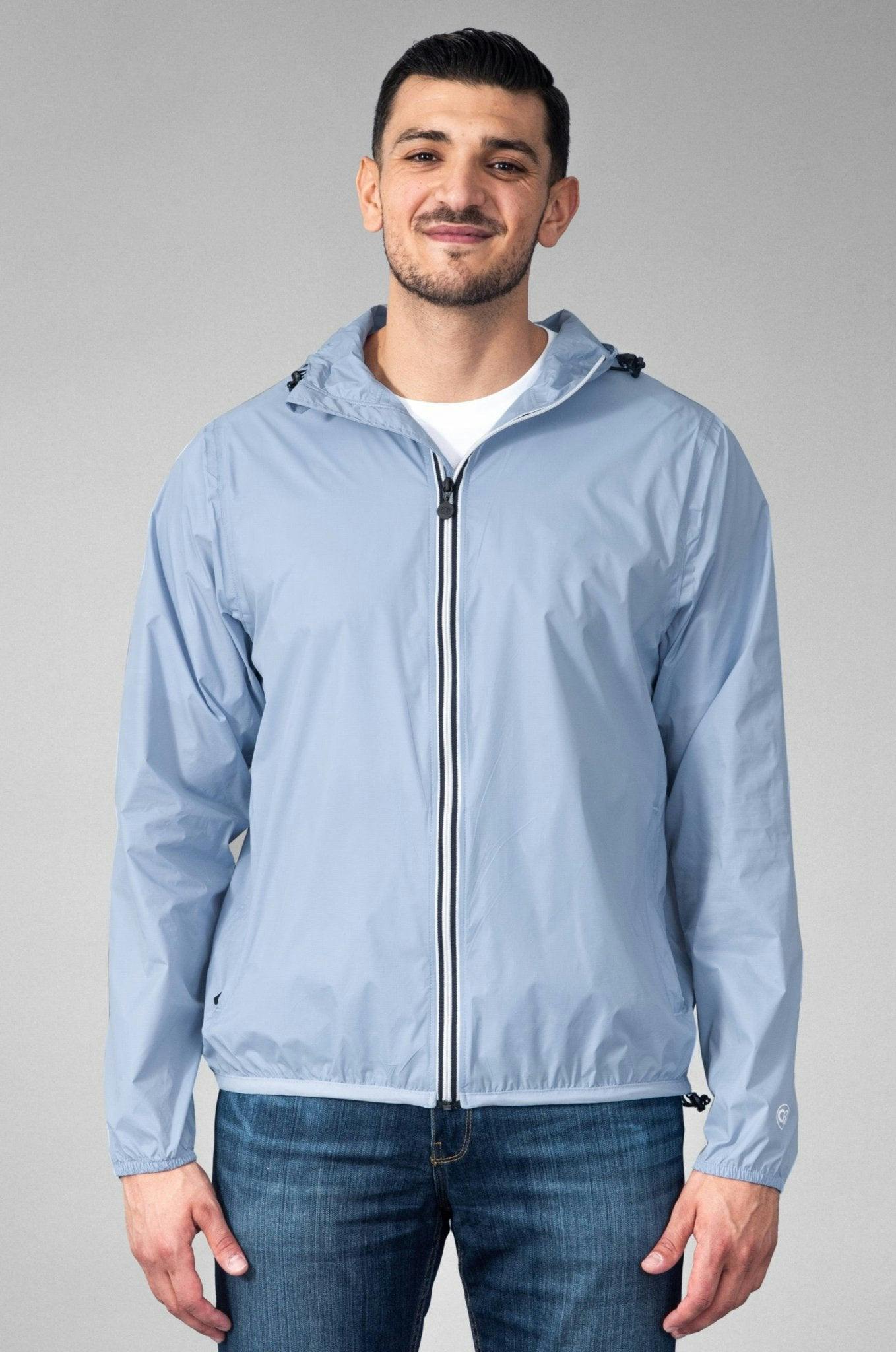 Powder blue full zip packable rain jacket and windbreaker