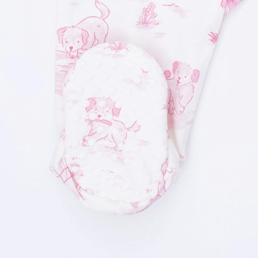 Puppy Toile Pink - 2 Way Ruffle Back Zipper Footie