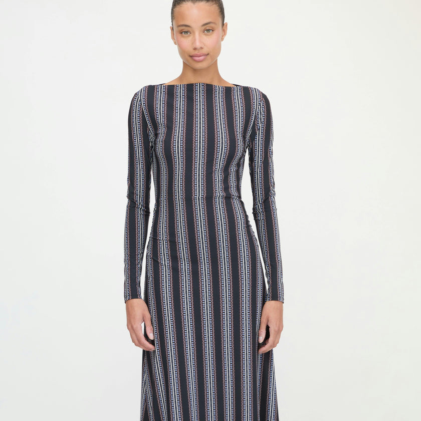 The Selene Dress - Black Cobalt Medallion Stripe