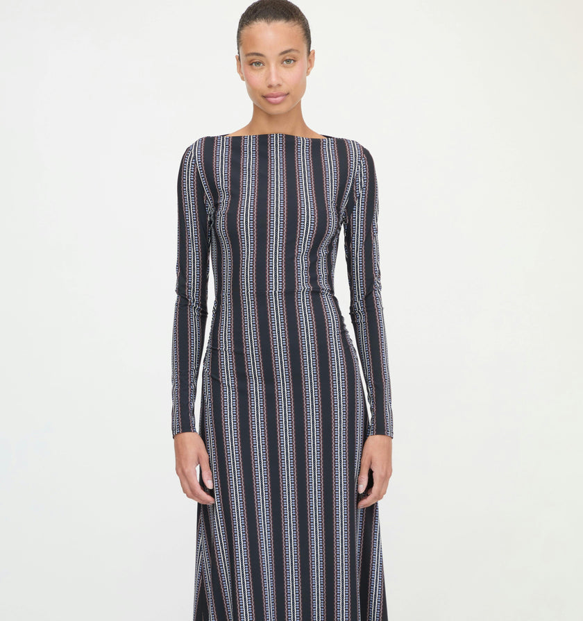 The Selene Dress - Black Cobalt Medallion Stripe