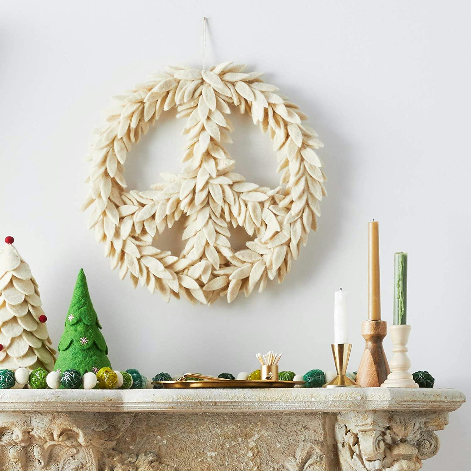 Handmade Hand Felted Wool Wreath - Peace Symbol Cream - 14