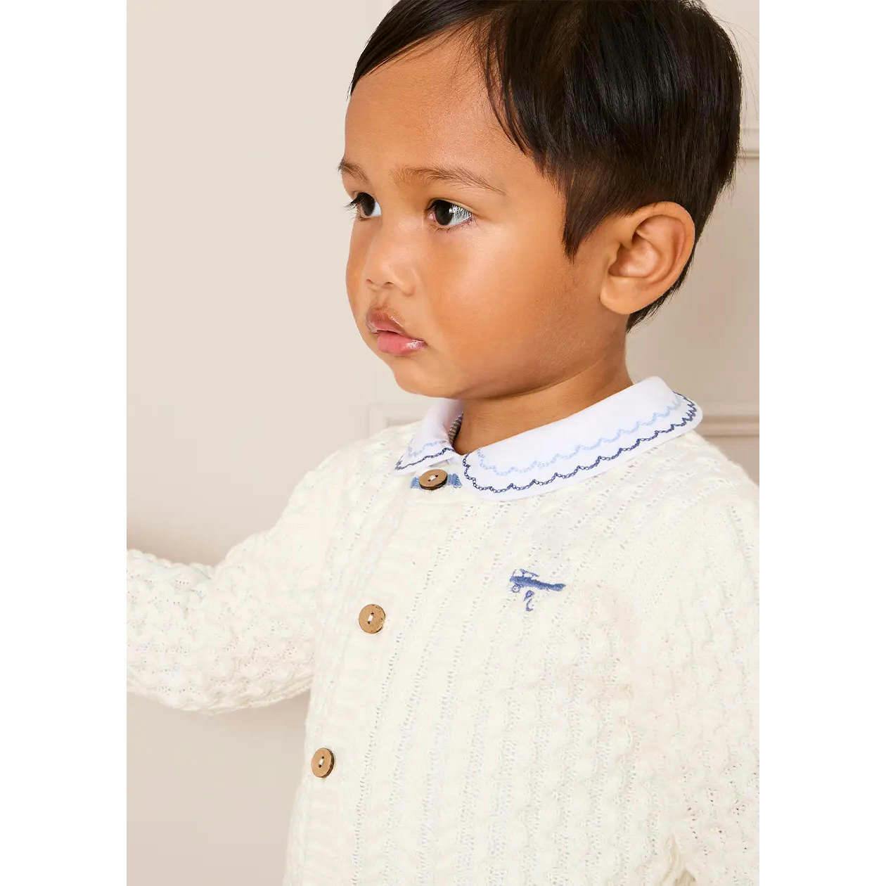 Plane Embroidered Cable Knit Cardigan in Cream (12mths-6yrs)