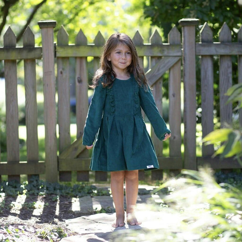 Long Sleeve Ruffle Dress in Green Corduroy