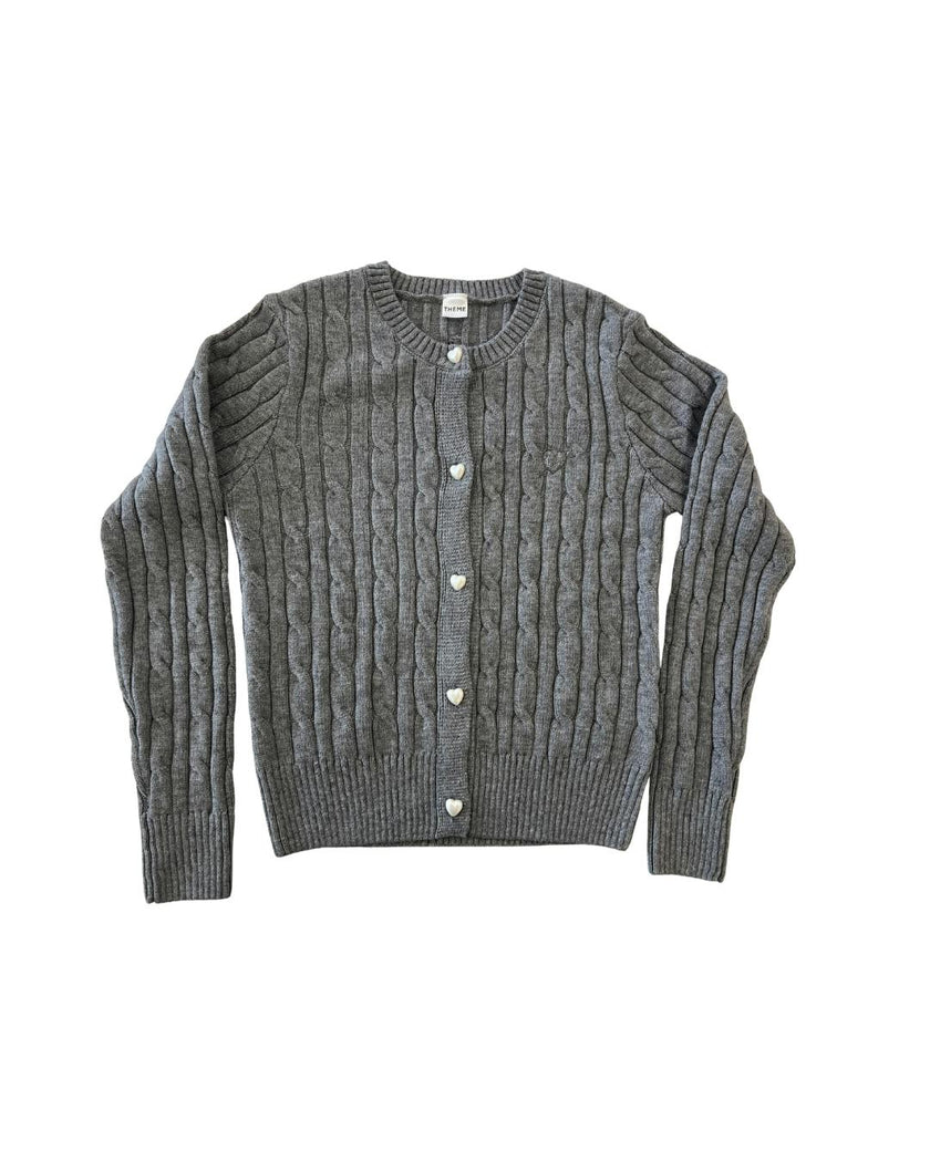 Adele Mid Grey With Heart Shell Buttons Cable Knit Sweater Cable Knit Button Down