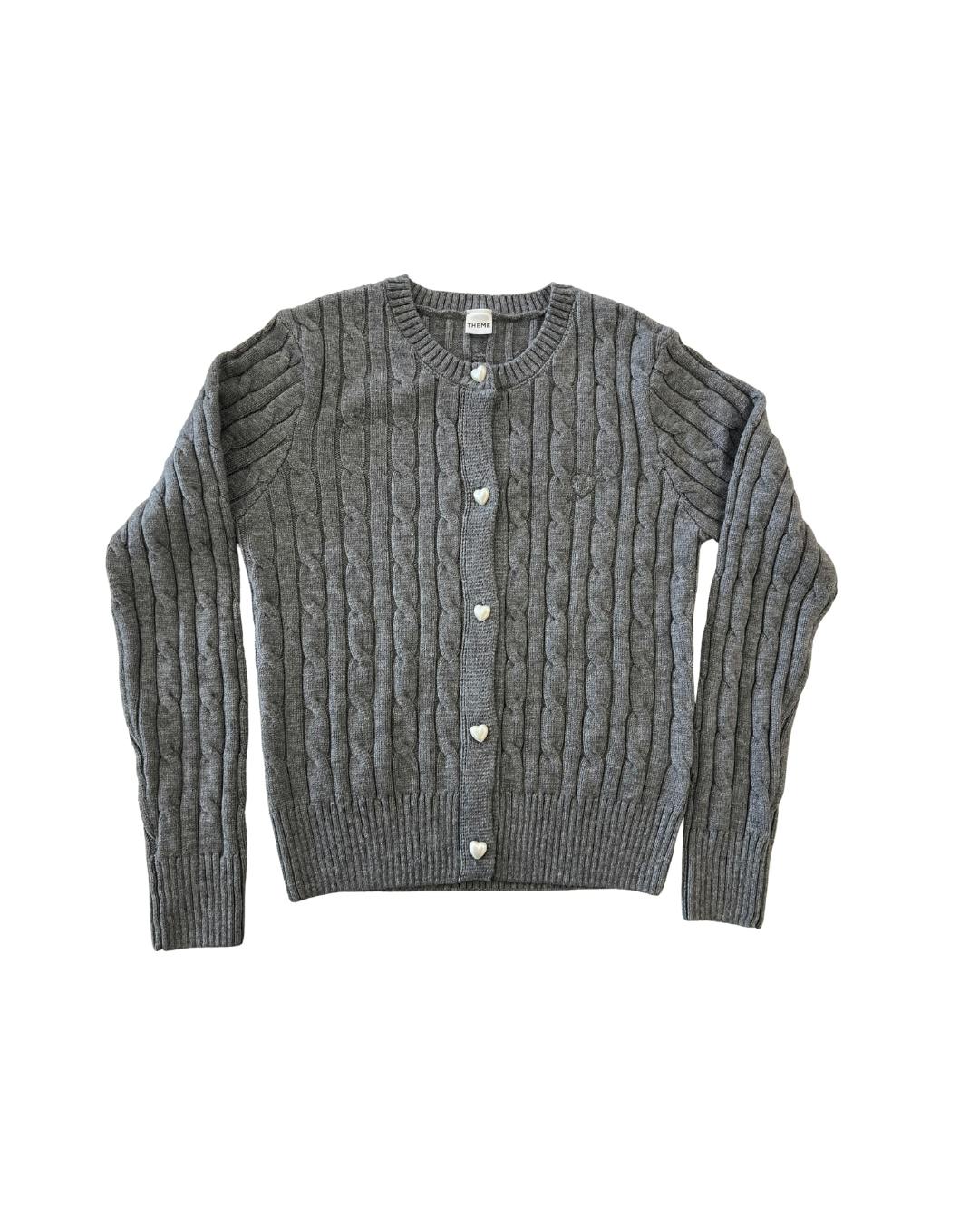 Adele Mid Grey With Heart Shell Buttons Cable Knit Sweater Cable Knit Button Down