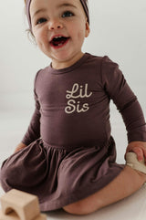 Baby Girl Long Sleeve Bodysuit Dress Set in Lil Sis in Plum