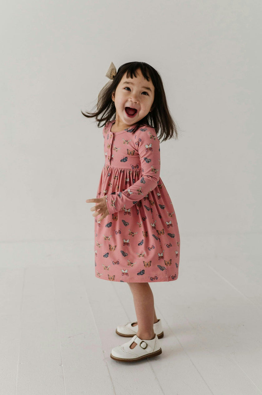 Girls Long Sleeve Henley Dress in Butterfly Bloom