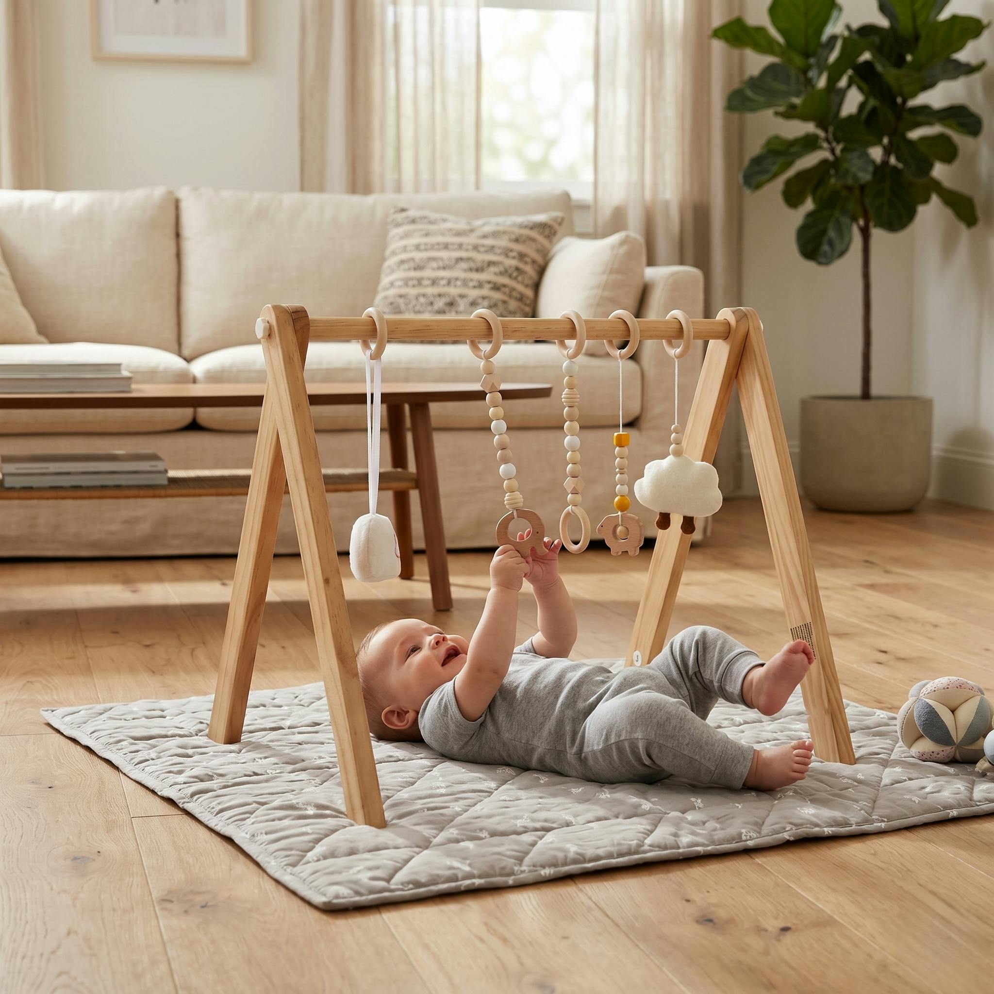 Lilac Wooden Baby Gym | Montessori Infant Play Gym with Hanging Toys