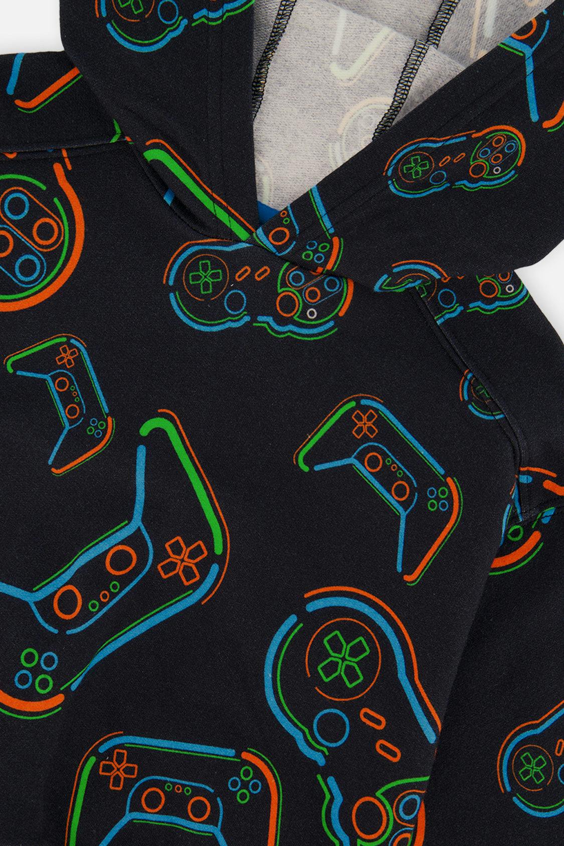 Fleece Hooded Sweatshirt Black Printed Controller