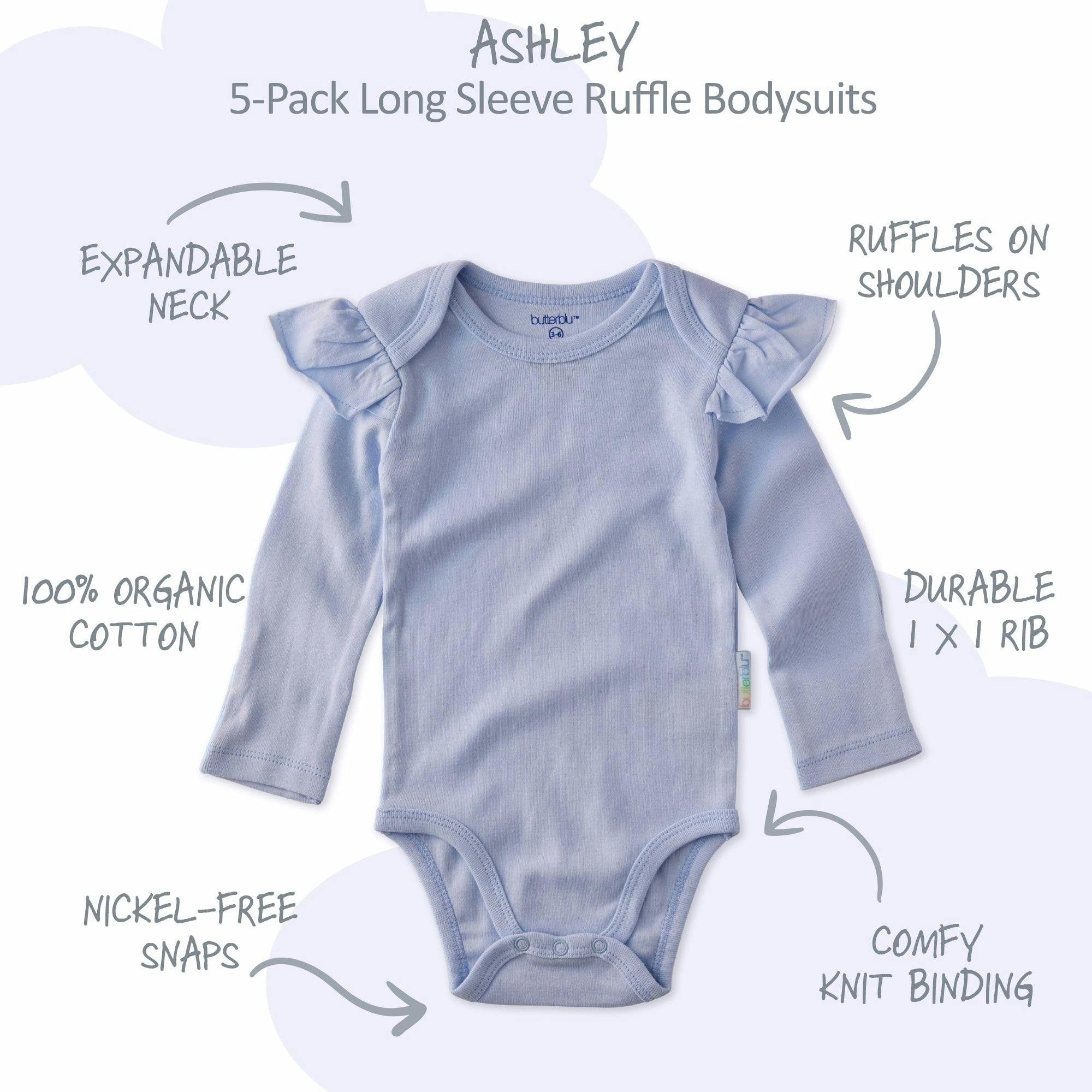 ASHLEY 5-Pack Long Sleeve Ruffle Bodysuits