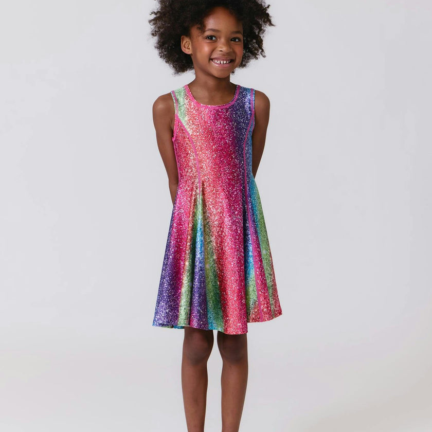 Girls Hi-Shine Skater Dress in Rainbow Glitter Foil