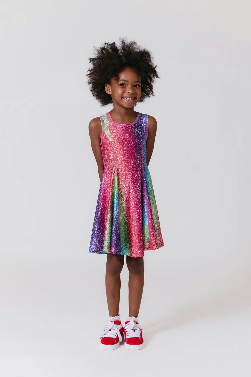 Girls Hi-Shine Skater Dress in Rainbow Glitter Foil