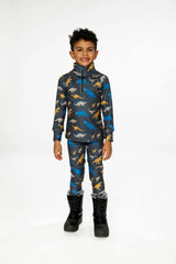 Two Piece Thermal Underwear Grey and Blue Dinosaur Print