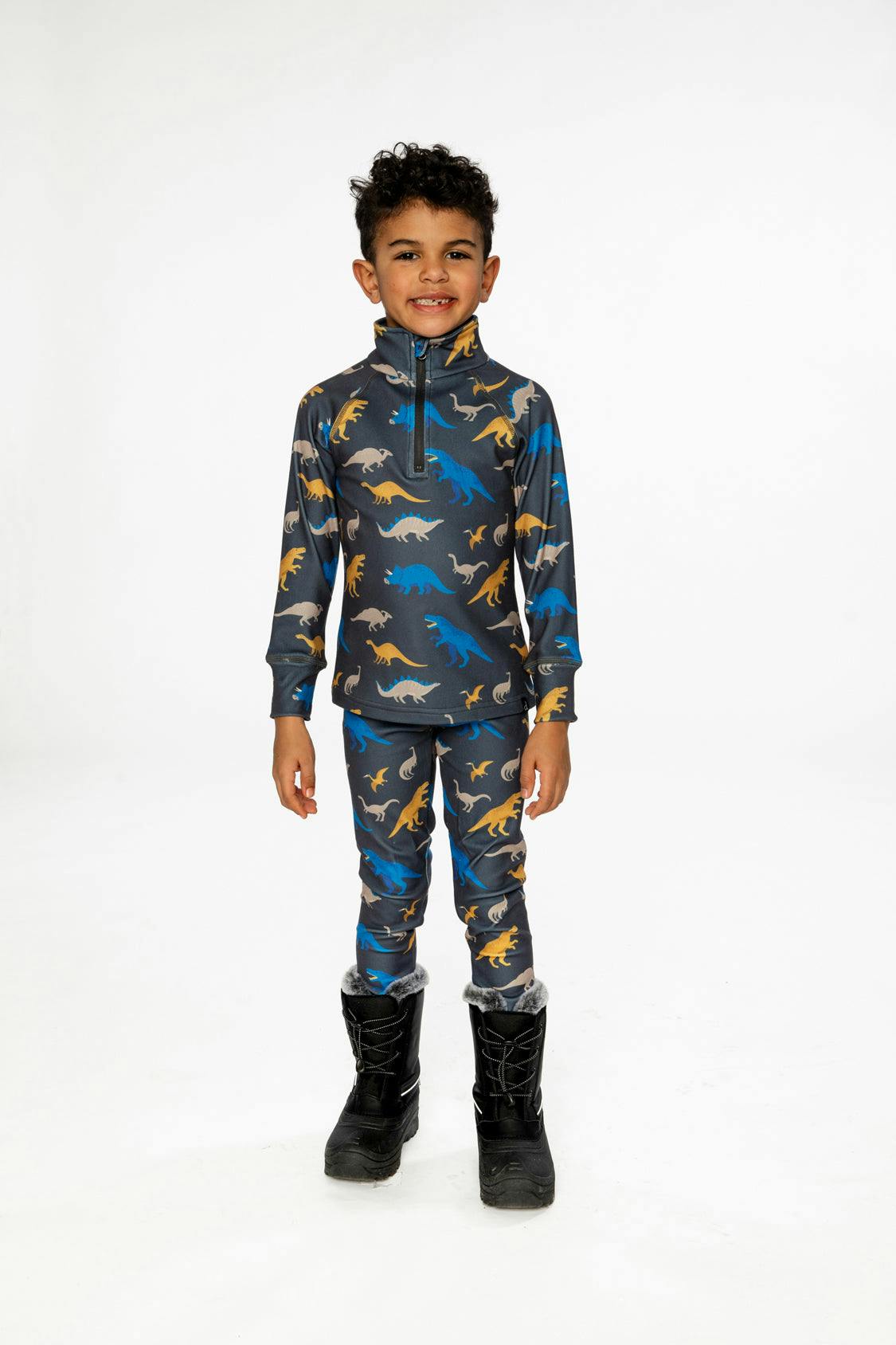 Two Piece Thermal Underwear Grey and Blue Dinosaur Print