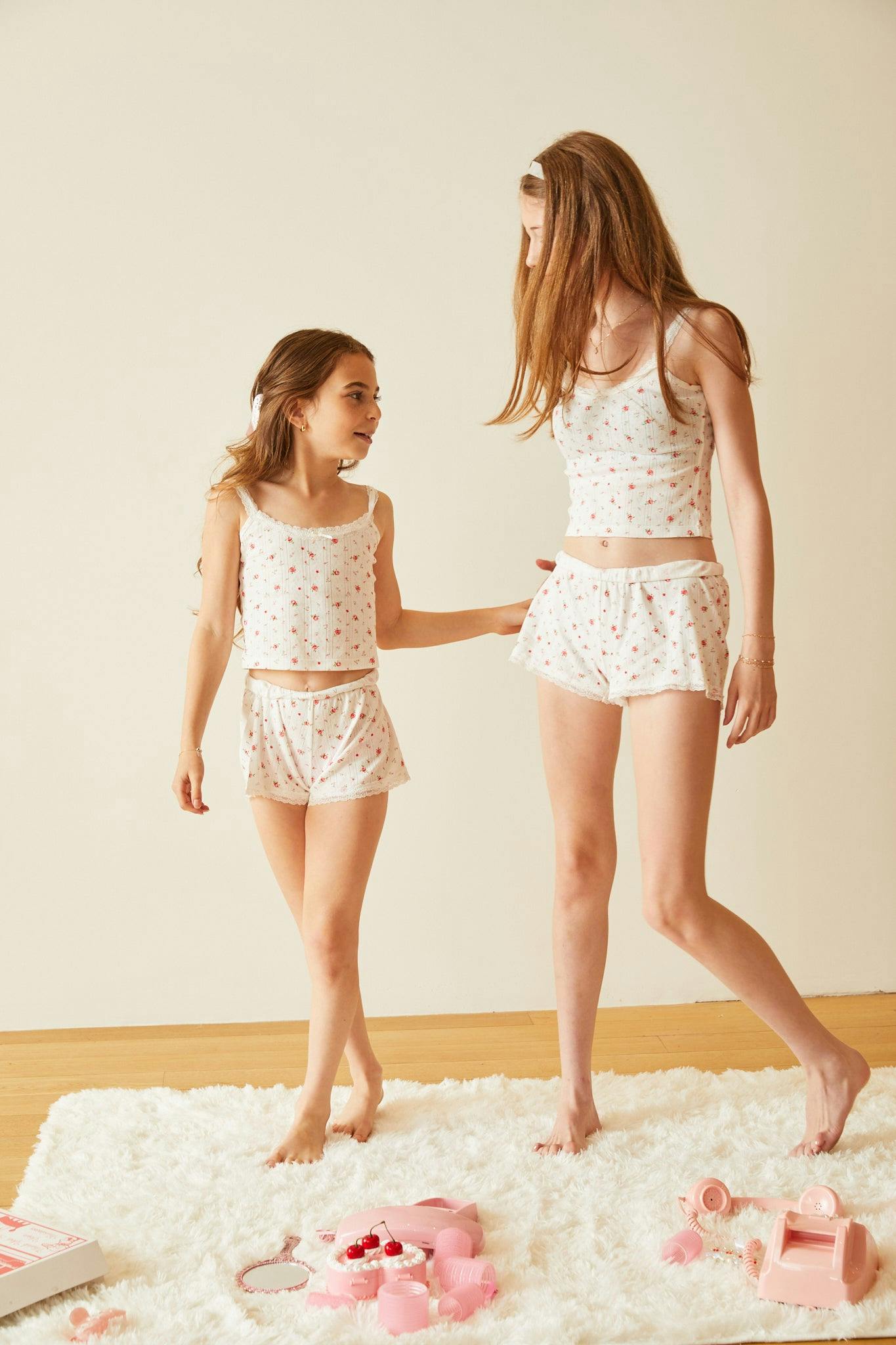 Teddy White With Rose Pointelle Shorts