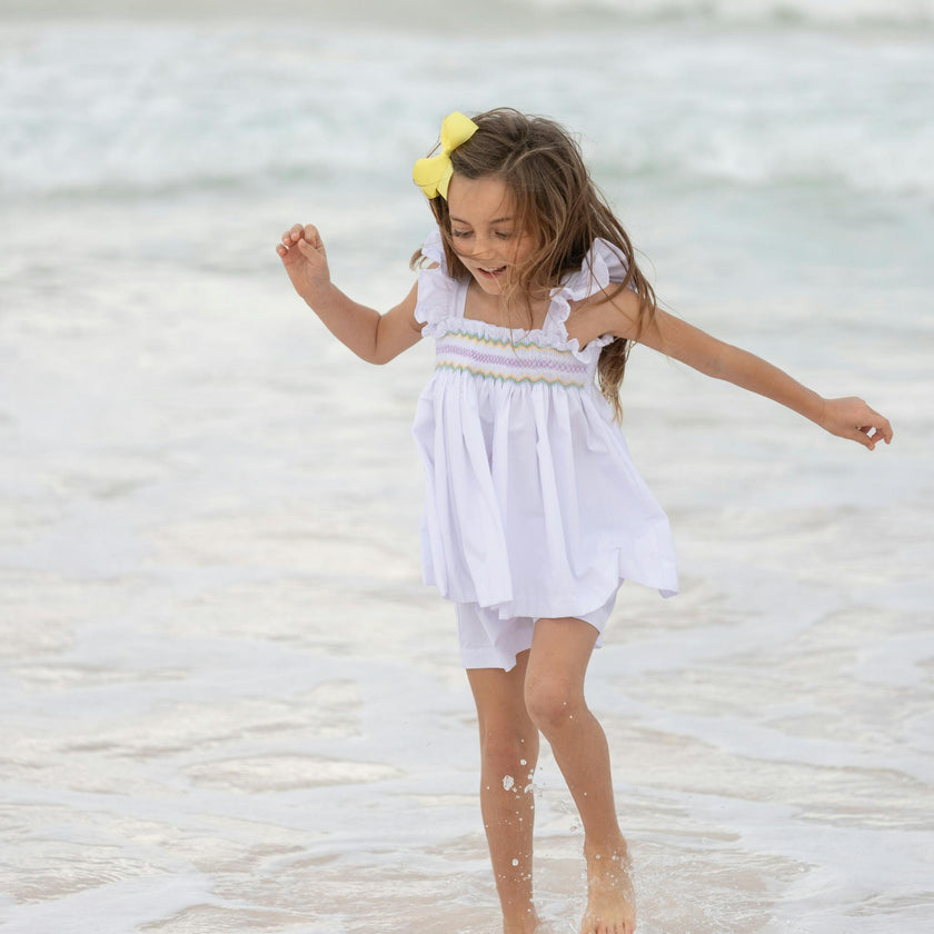 The Harper Set in Classic White with Rainbow Smocking