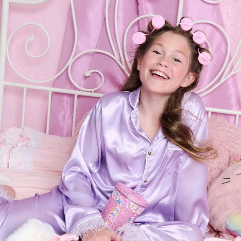 Feather Trim Cuff Silk Pajamas Set