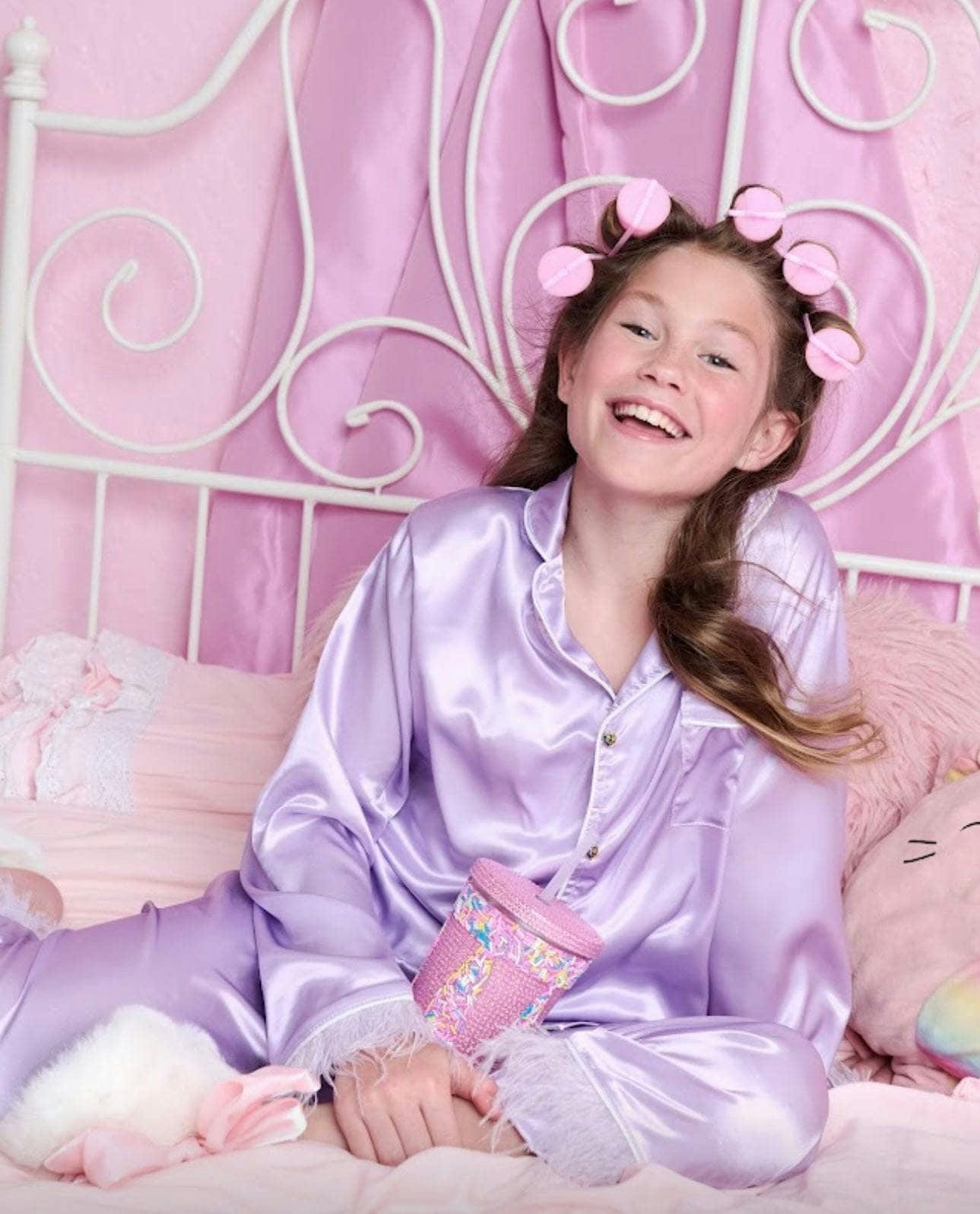 Feather Trim Cuff Silk Pajamas Set