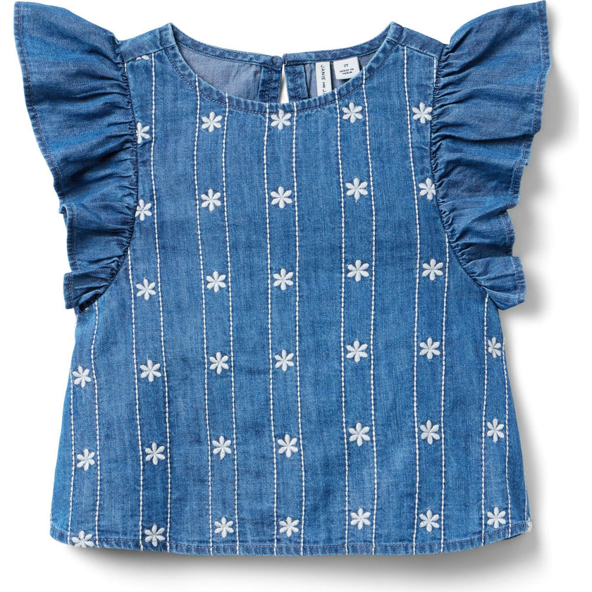 Chambray Embroidered Floral Top