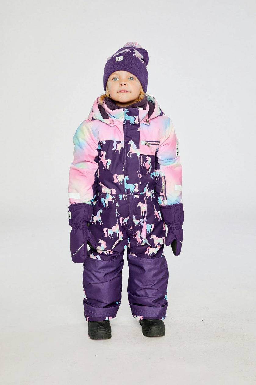 Kids One Piece Play Snowsuit Purple Unicorn Print