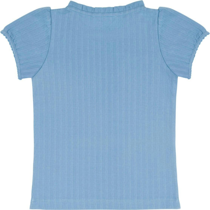 girls dusk blue ruffle pointelle puff sleeve shirt